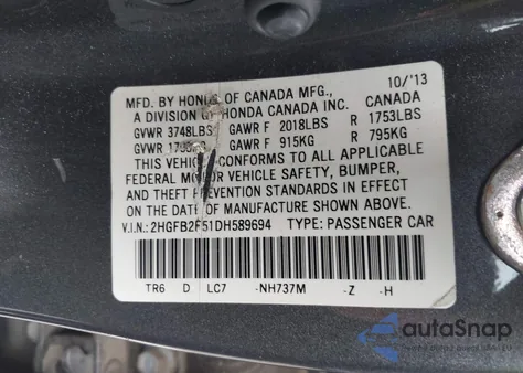 2013 Honda Civic Lx из США, поврежденный, VIN 2HGFB2F51DH589694